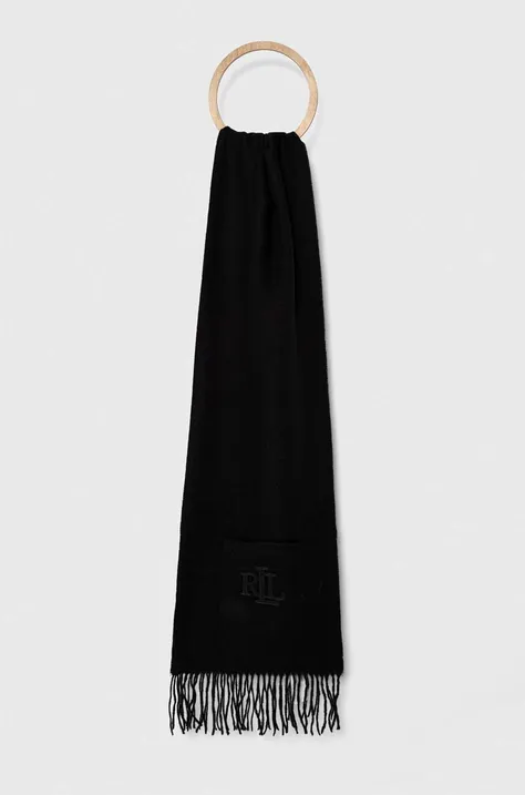 Lauren Ralph Lauren szalik z domieszką wełny kolor czarny z aplikacją