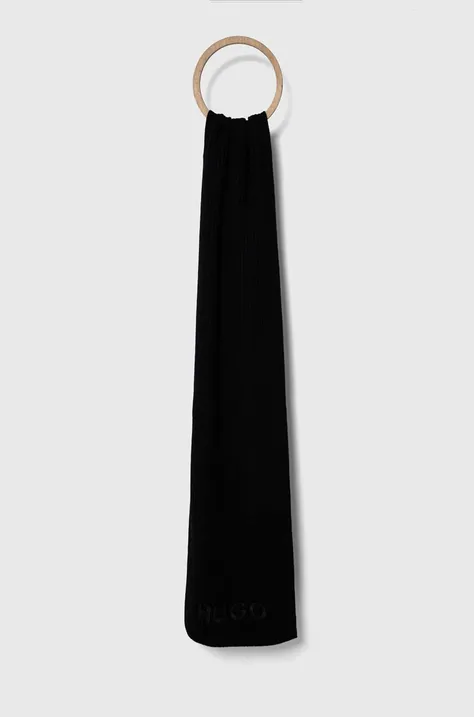 Vlnený šál HUGO čierna farba, jednofarebný