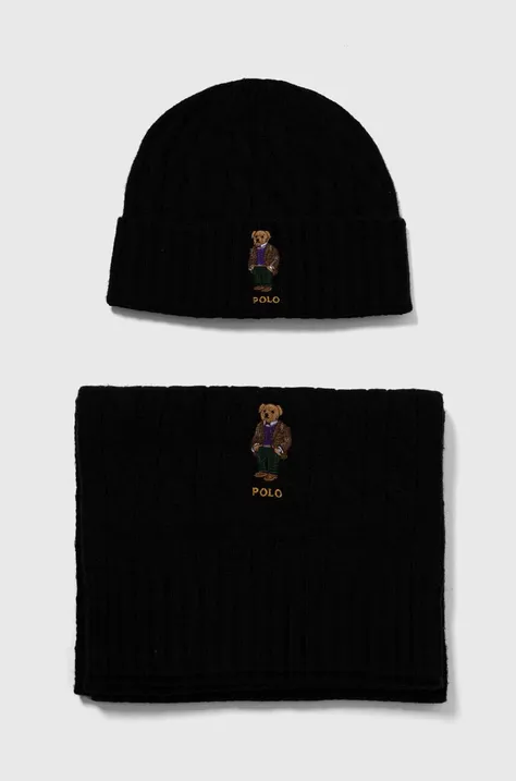 Vlnená čiapka a šál Polo Ralph Lauren čierna farba