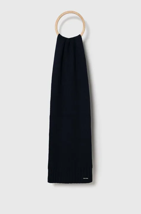 Vlnený šál Calvin Klein tmavomodrá farba, jednofarebný