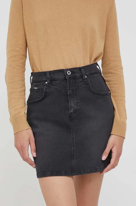 Rifľová sukňa Pepe Jeans RACHEL čierna farba, mini, rovný strih