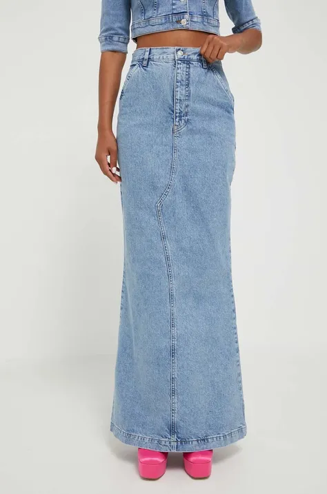Rifľová sukňa Moschino Jeans maxi, áčkový strih