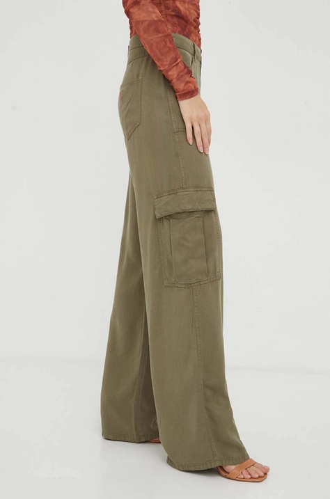 Guess pantaloni femei, culoarea verde, drept, high waist