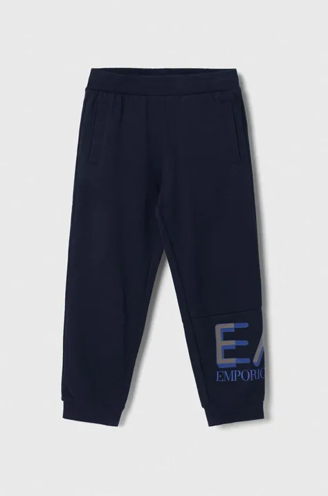 Дитячі бавовняні штани EA7 Emporio Armani колір синій з принтом