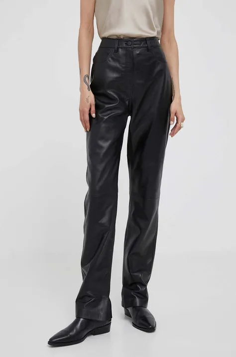 Kožené nohavice Calvin Klein dámske, čierna farba, rovné, vysoký pás