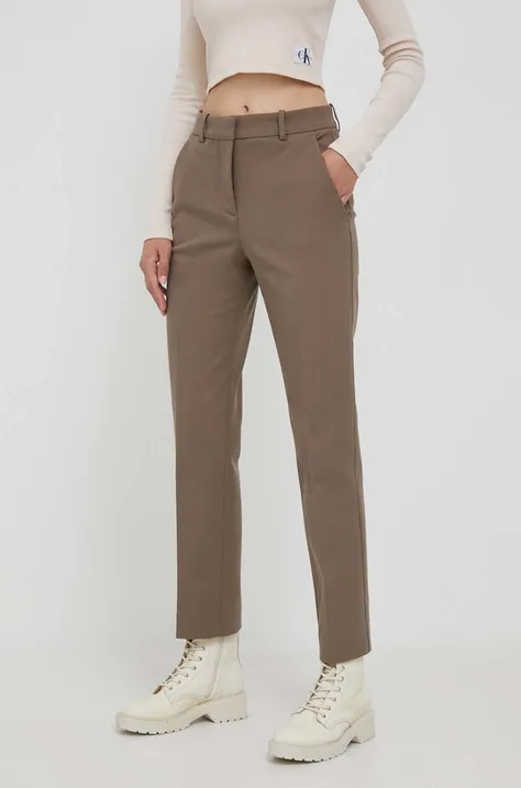 Nohavice Calvin Klein dámske, šedá farba, cigaretový strih, vysoký pás