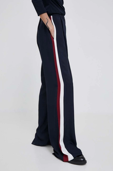 Tommy Hilfiger pantaloni femei, culoarea albastru marin, lat, high waist