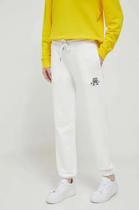 Bavlnené tepláky Tommy Hilfiger biela farba, jednofarebné