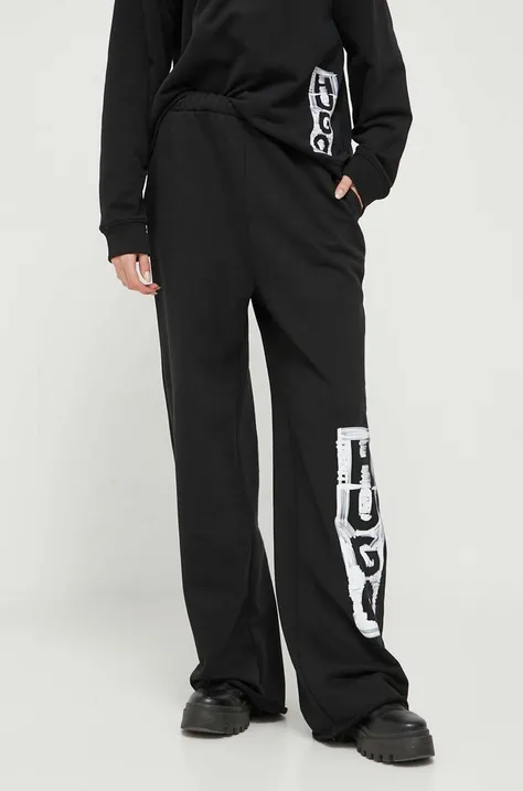 HUGO pantaloni de bumbac culoarea negru, cu imprimeu