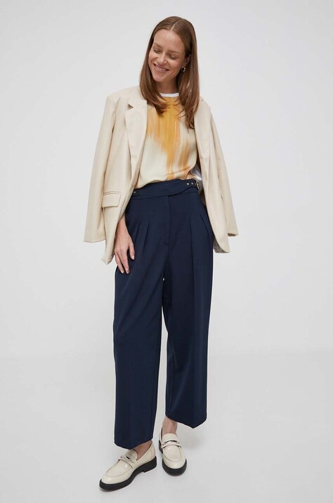 Lauren Ralph Lauren pantaloni femei, culoarea albastru marin, lat, high waist