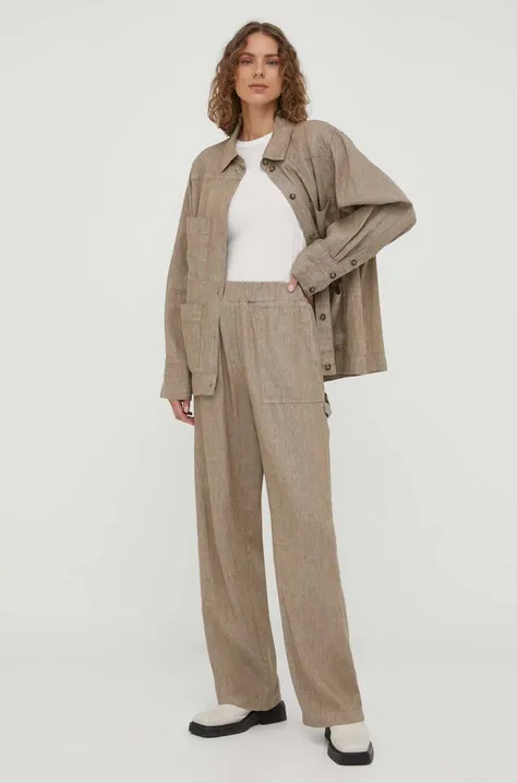Lanene hlače Herskind Sanne boja: smeđa, široke, visoki struk