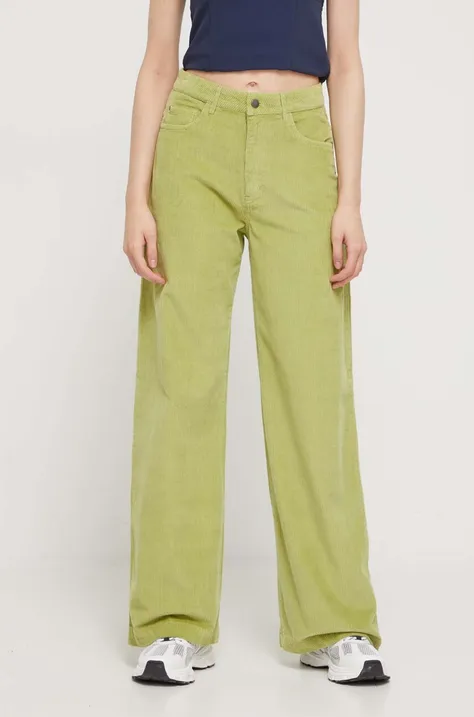 Manšestrové nohavice Roxy zelená farba, široké, vysoký pás