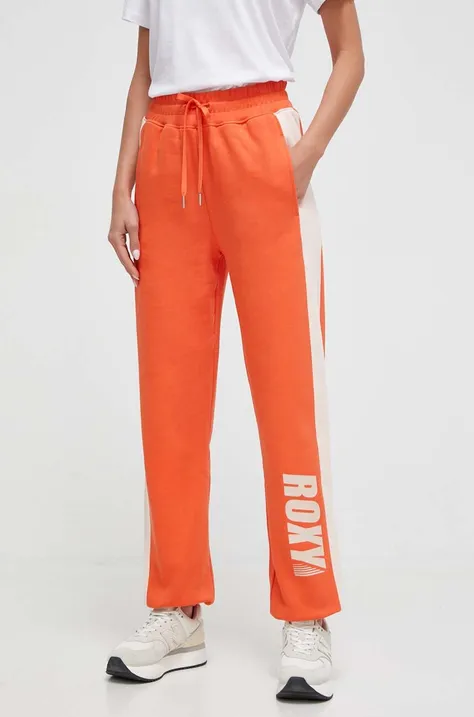 Roxy spodnie dresowe bawełniane kolor pomarańczowy z nadrukiem