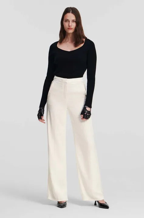 Karl Lagerfeld spodnie damskie kolor beżowy szerokie high waist