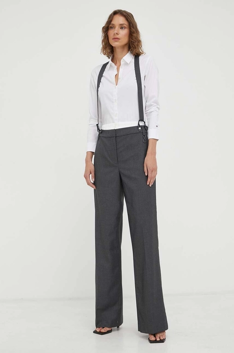 Remain pantaloni din amestec de lana culoarea gri, drept, high waist