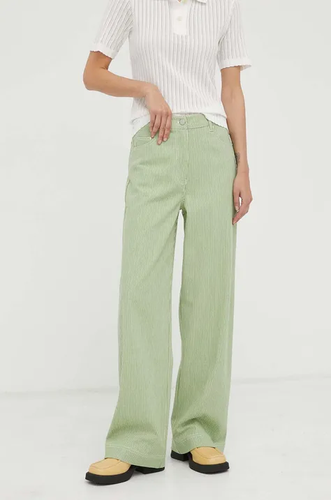 Nohavice Remain dámske, zelená farba, rovné, vysoký pás