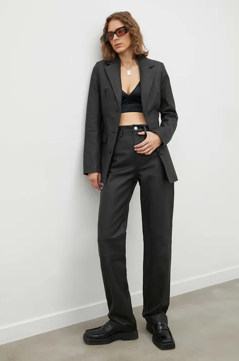 Remain spodnie skórzane damskie kolor czarny szerokie high waist