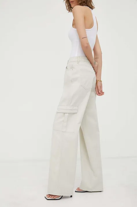 Gestuz pantaloni femei, culoarea bej, drept, high waist