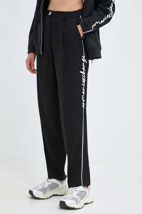 Nohavice Armani Exchange dámske, čierna farba, rovné, vysoký pás