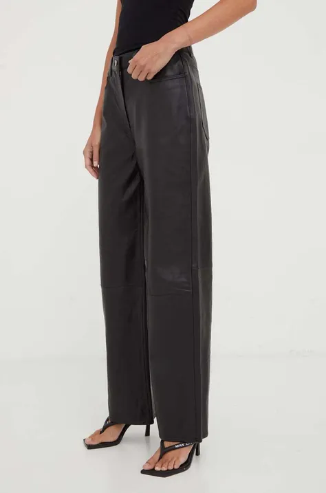 Kožne hlače Samsoe Samsoe za žene, boja: crna, široke, visoki struk