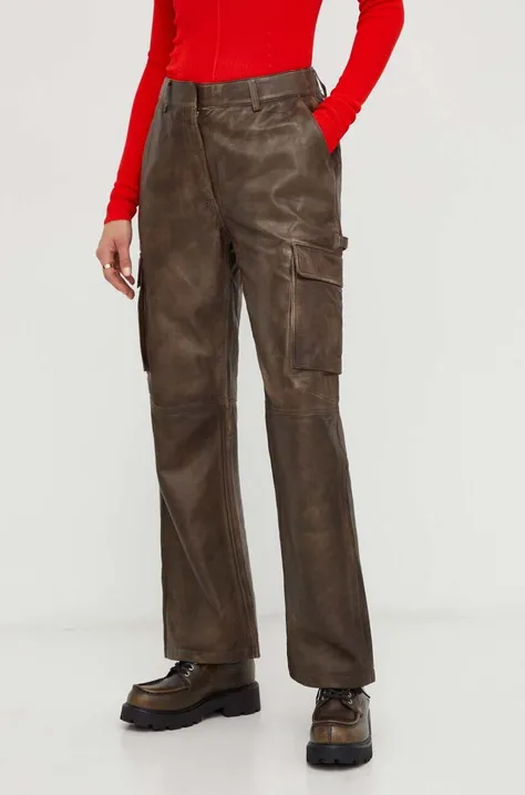 Kožené kalhoty Herskind dámské, hnědá barva, jednoduché, high waist
