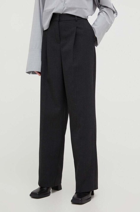 Herskind pantaloni din lana Theis culoarea gri, fason chinos, high waist