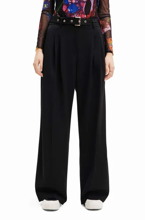 Desigual spodnie 23WWPW24 WOMAN WOVEN LONG TROUSERS damskie kolor czarny szerokie medium waist
