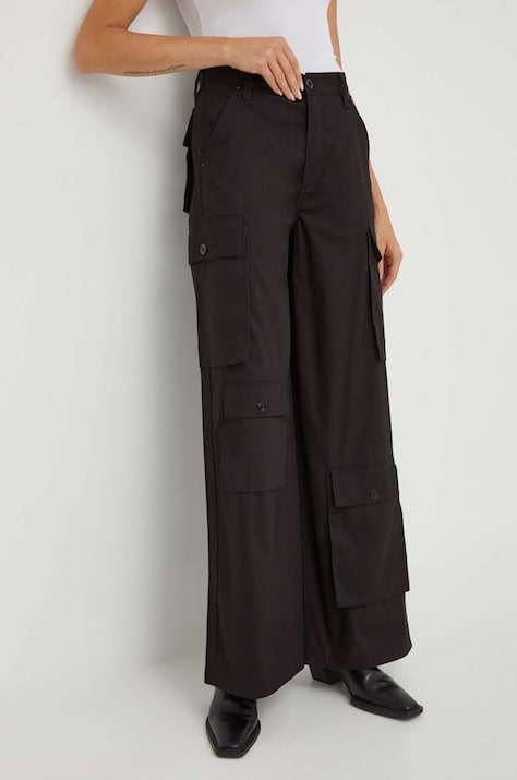 G-Star pantaloni de bumbac culoarea negru, drept, high waist
