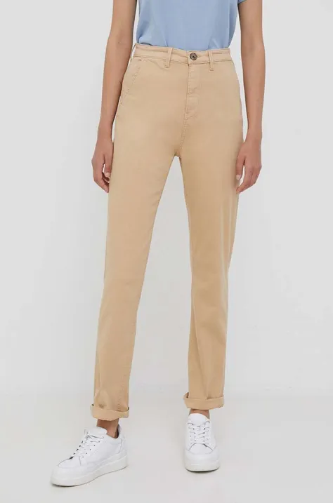 Pepe Jeans spodnie damskie kolor beżowy fason chinos high waist