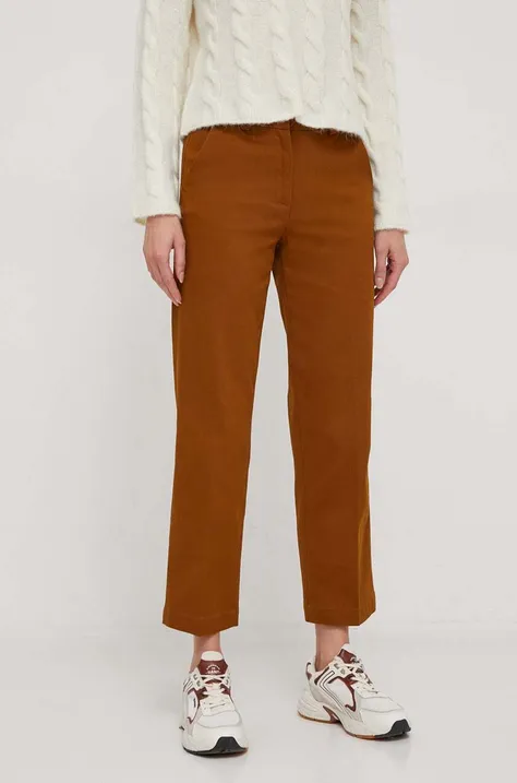 Sisley spodnie damskie kolor brązowy proste high waist