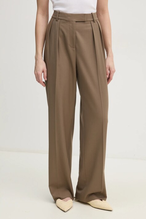 Nohavice Tommy Hilfiger dámske, hnedá farba, široké, vysoký pás