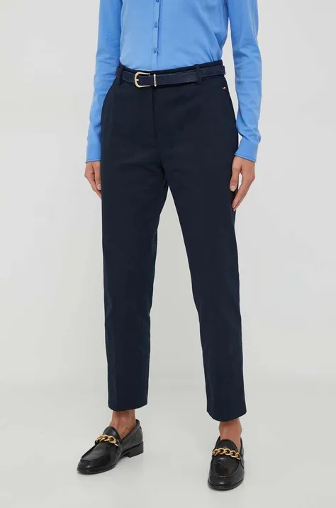Kalhoty Tommy Hilfiger dámské, tmavomodrá barva, jednoduché, high waist