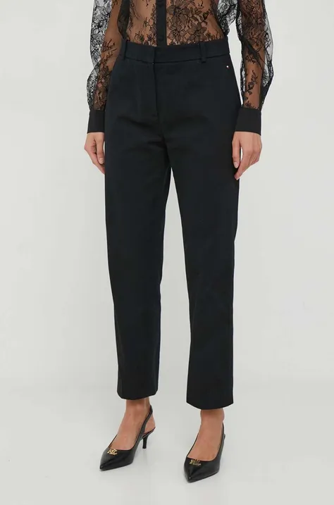 Nohavice Tommy Hilfiger dámske, čierna farba, rovné, vysoký pás