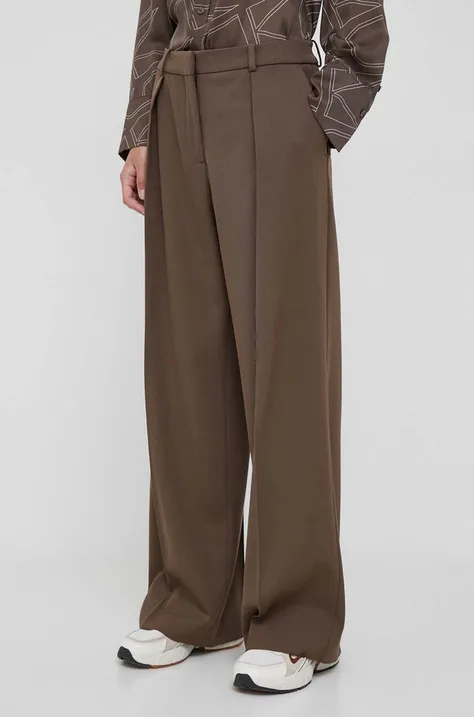 Kalhoty s příměsí vlny Calvin Klein hnědá barva, široké, high waist