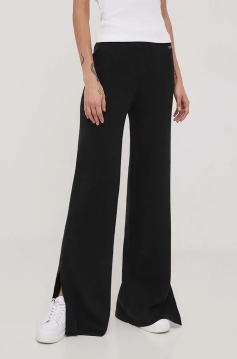 Nohavice s prímesou vlny Calvin Klein čierna farba, široké, vysoký pás