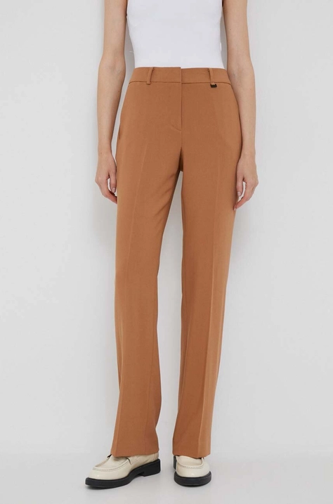 Dkny spodnie damskie kolor brązowy proste high waist