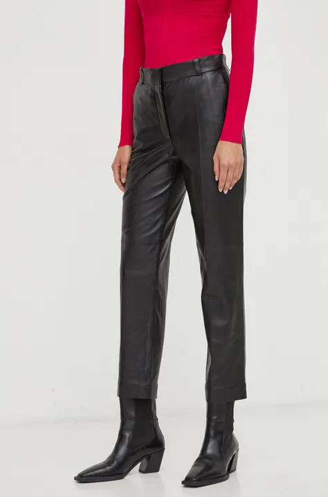 Kožne hlače Ivy Oak za žene, boja: crna, ravni kroj, visoki struk