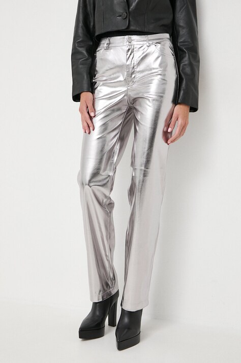 Guess pantaloni femei, culoarea argintiu, drept, high waist