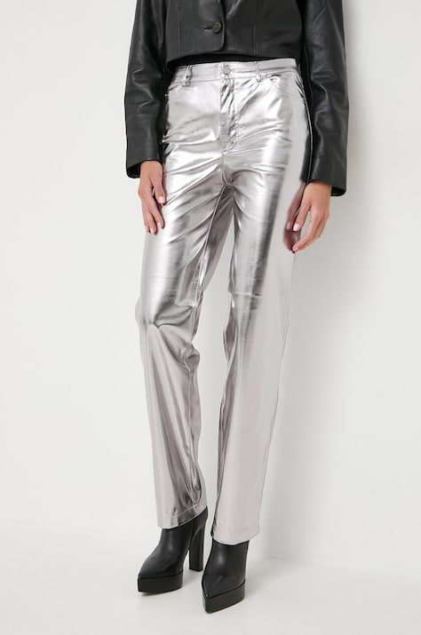 Guess pantaloni femei, culoarea argintiu, drept, high waist