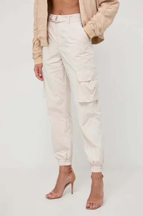 Guess spodnie KORI damskie kolor beżowy fason cargo high waist W4RB18 WFVV0