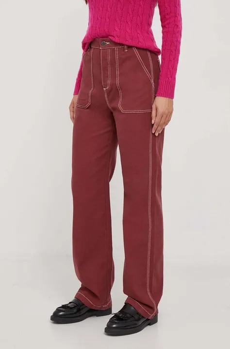 Памучен панталон United Colors of Benetton в бордо със стандартна кройка, с висока талия