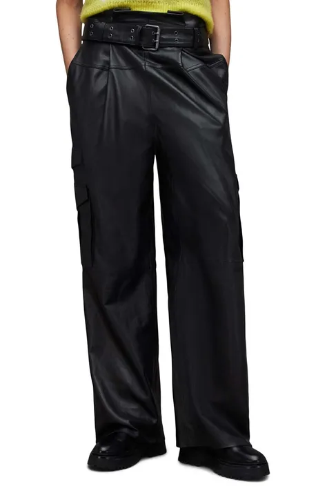 Kožené kalhoty AllSaints Harlyn dámské, černá barva, široké, high waist