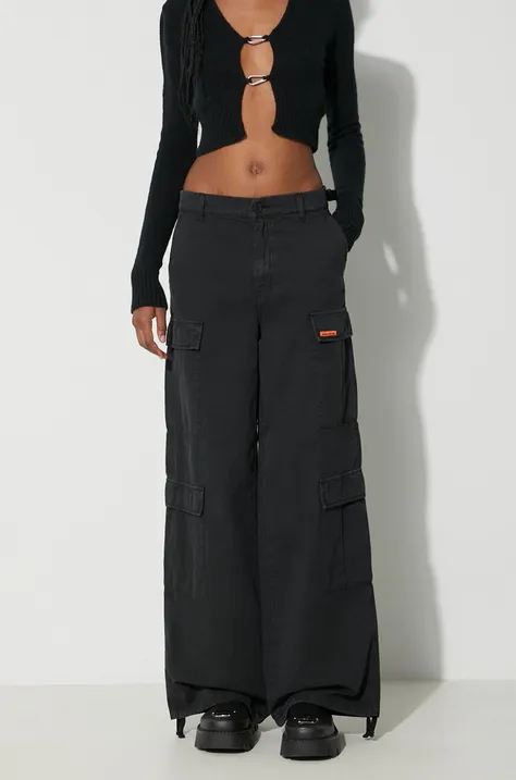 Панталон с лен Heron Preston Vintage Wash Canvas Cargo в черно с кройка тип карго, с висока талия HWCF008F23FAB0011000