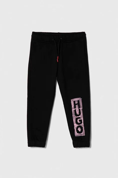 Παιδικό βαμβακερό παντελόνι HUGO χρώμα: μαύρο