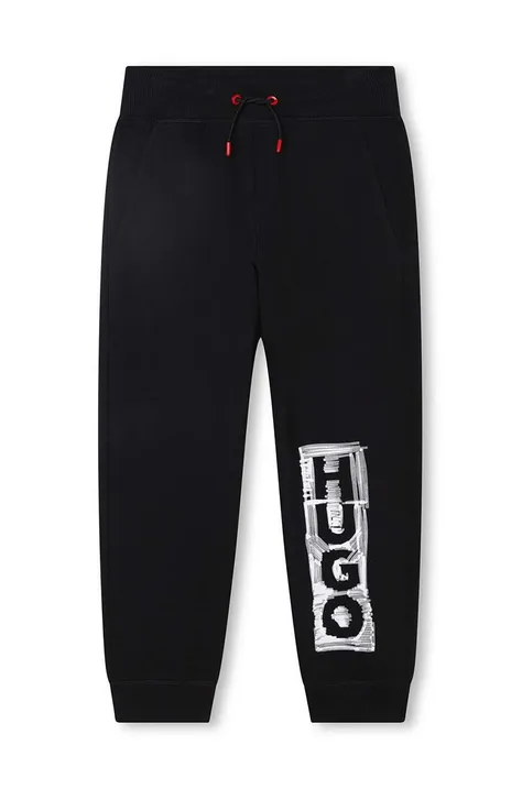 HUGO spodnie dresowe bawełniane dziecięce kolor czarny z nadrukiem