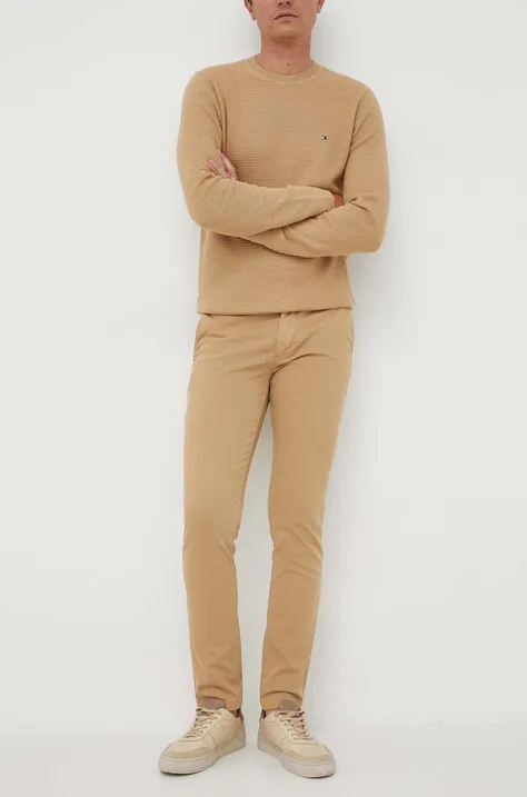 Kalhoty Tommy Hilfiger pánské, béžová barva, ve střihu chinos