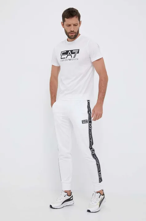 Бавовняні спортивні штани EA7 Emporio Armani колір білий з принтом