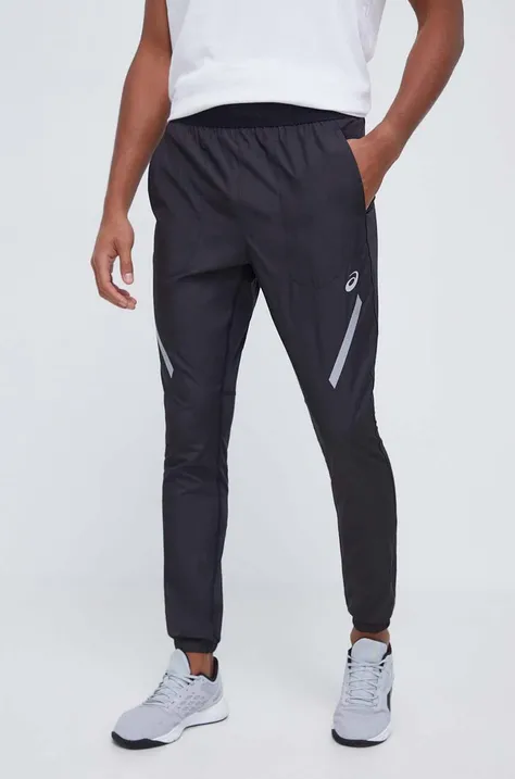 Běžecké kalhoty Asics černá barva, s potiskem