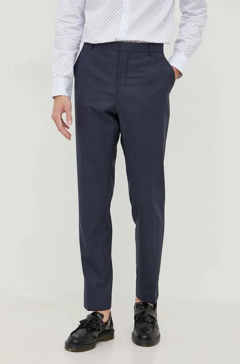 Vlněné kalhoty Calvin Klein tmavomodrá barva, jednoduché
