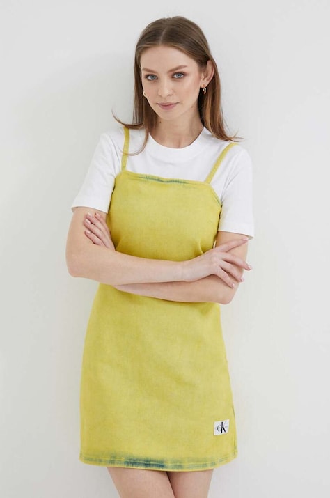 Calvin Klein Jeans rochie din denim culoarea galben, mini, mulată